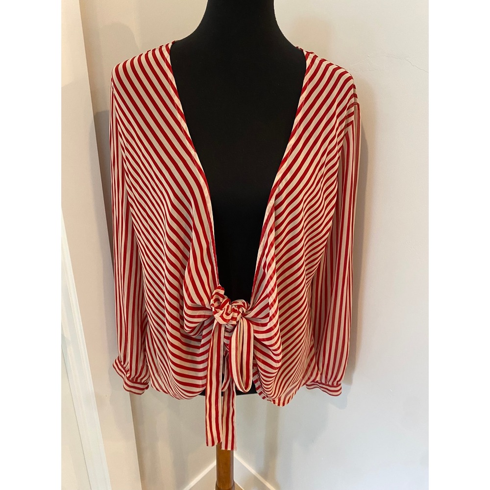 Vintage Nine & Company Red Striped Sheer Tie Front Blouse Top Size 14
